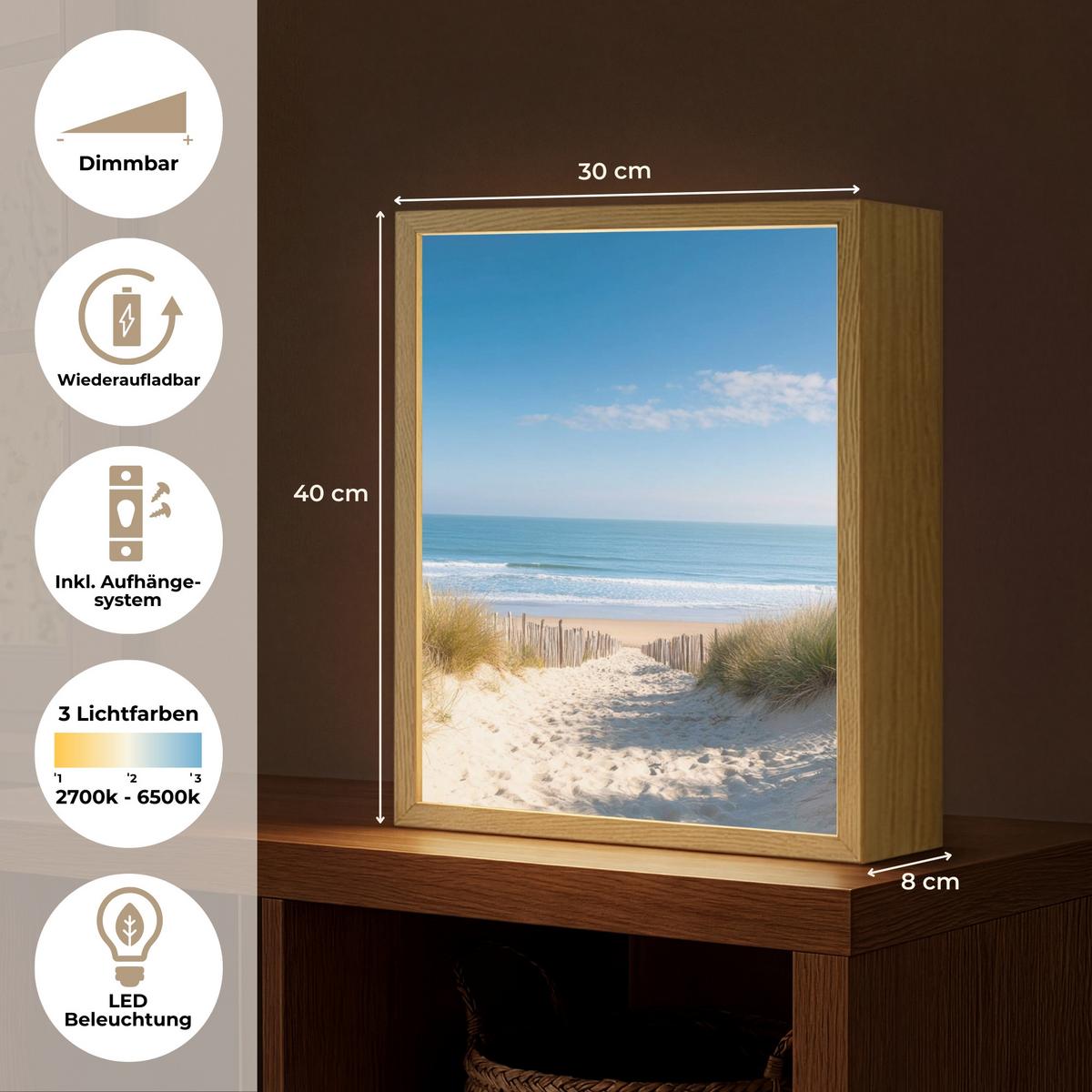 WANDLEUCHTE MIT AKKU Strand - Meer - Düne - Sand - Sommer 30x40 cm - Sandfarben, Holzwerkstoff (30/40/8cm) - OnlyWow