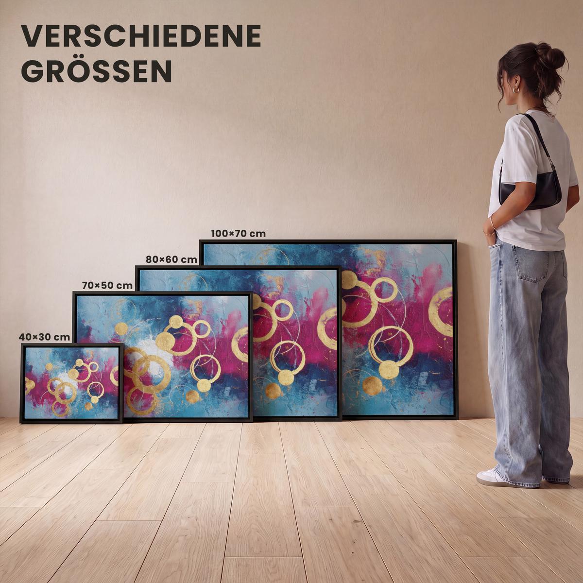 LEINWAND Bilder mit Rahmen - Kreise - Gold - Abstrakt - 80x60 - Blau, Textil (80/60cm) - MuchoWow
