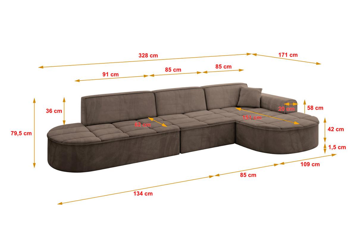 ECKSOFA Ottomane Rechts TARO-L2 - 328x171x79,5 cm Braun - Braun, Holzwerkstoff/Textil (328/171cm) - ALTDECOR