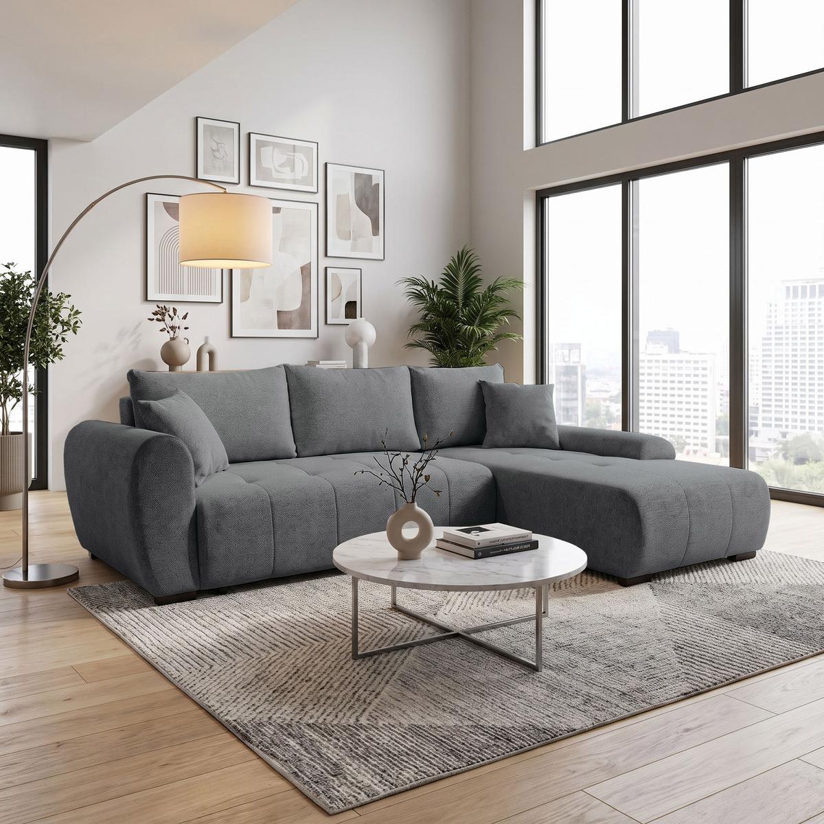 ECKSCHLAFSOFA Dallas mit Bettkasten, 255 cm, Dunkelgrau, rechts, Velour-Stoff - Dunkelgrau, Textil (255/175cm) - Beautysofa