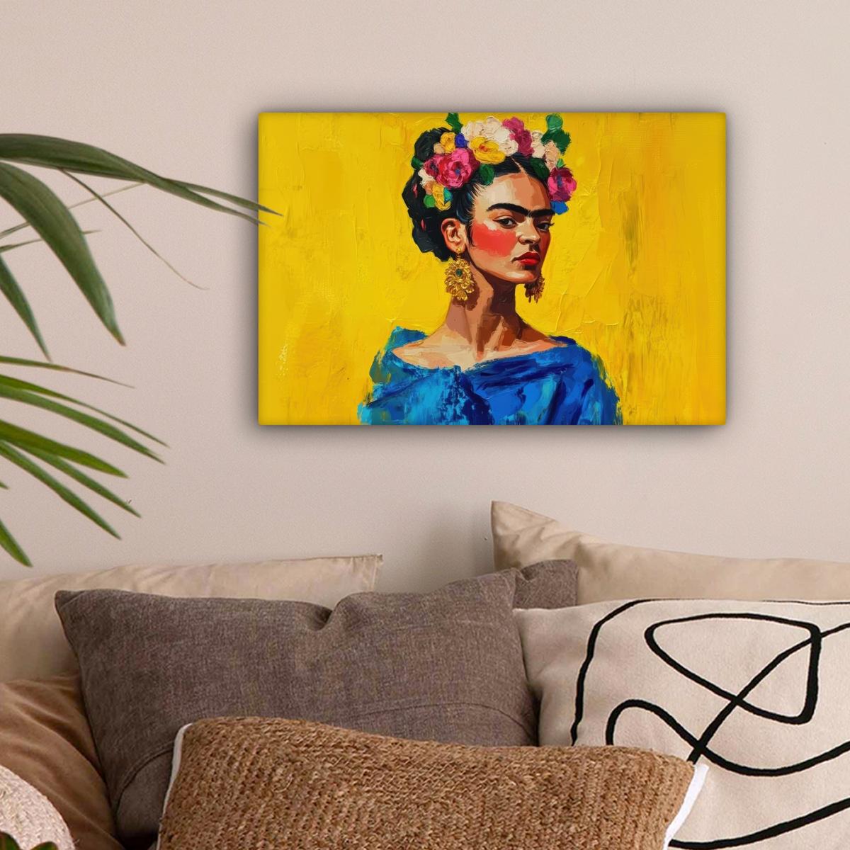 LEINWANDBILD Frida Kahlo - Frau - Gelb - Blau - Blumen Deko Schlafzimmer 30x20 cm - Gelb, Textil (30/20cm) - MuchoWow
