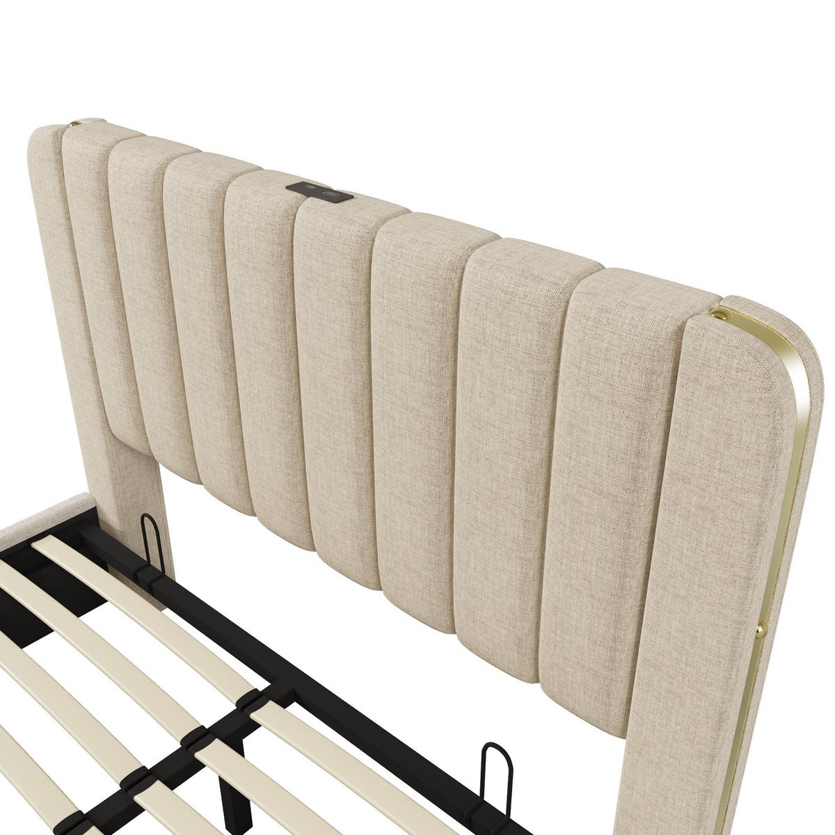 POLSTERBETT 140x190 Leinen Beige mit Gold-Dekor, Stauraum und Ladefunktion - Beige, Textil (140/190cm) - Urban Meuble