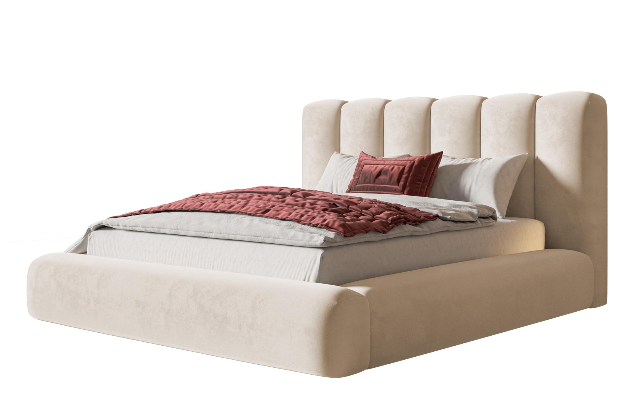 BETT 160x200 - Polsterbett mit Bettkasten und Metallrahmen - Modern Bett - Eleganter Amor-Velvet-Stoff - Kollektion Alva Maxi - Beige - Beige, Holz/Textil (160/200cm) - Alpi-Möbel