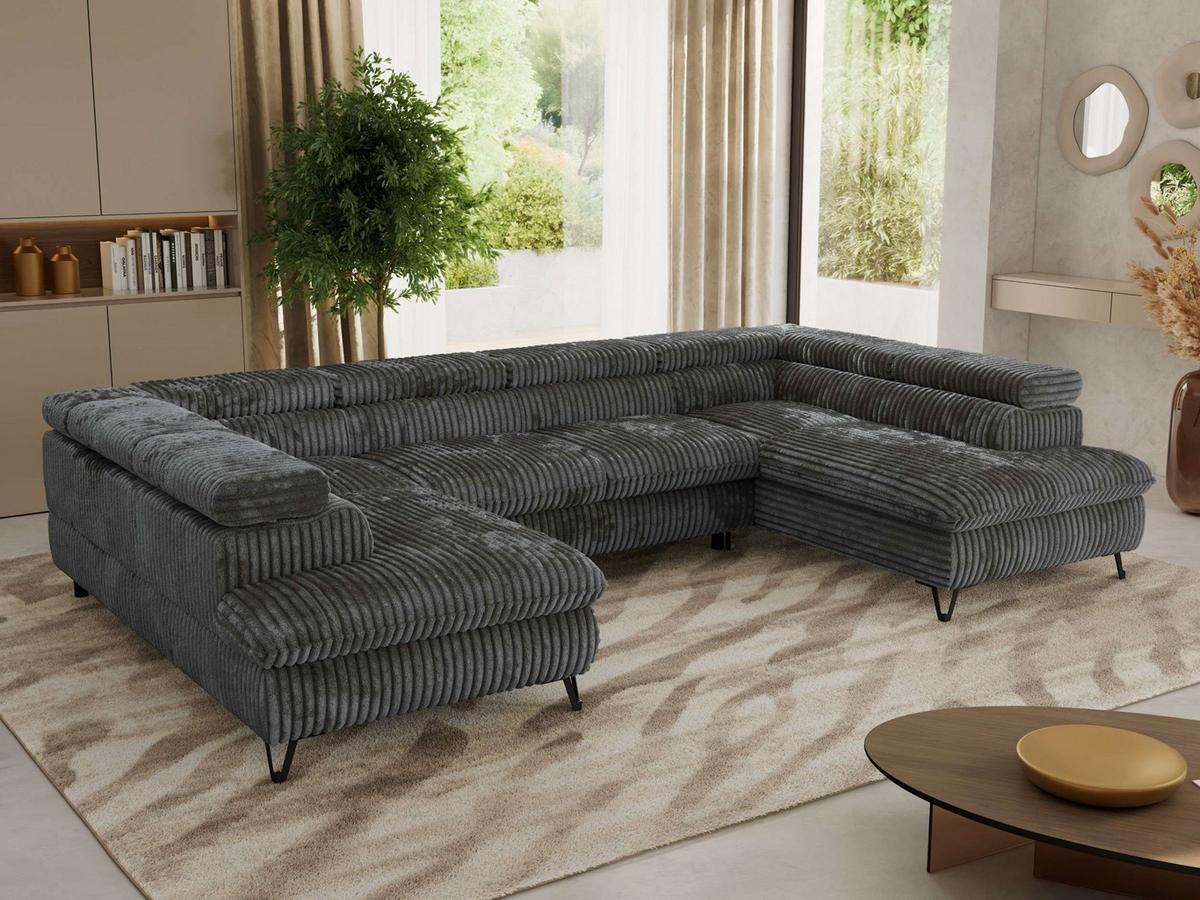 WOHNLANDSCHAFT PABLO U Cord Grau mit Topper Visco - Dunkelgrau/Schwarz, Textil/Metall (346/76/208cm) - MKS