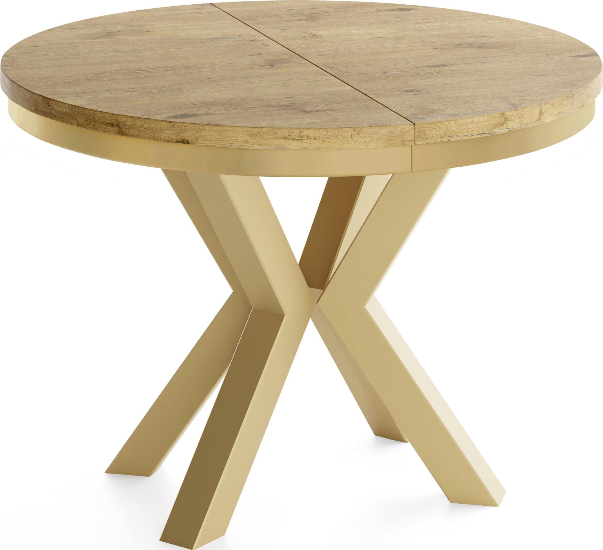 ESSTISCH Clara Gold runder ausziehbarer, Lancelot Eiche 100-180/100/76 cm - Eichefarben/Goldfarben, Holzwerkstoff/Metall (100/176/76cm) - WFL GROUP
