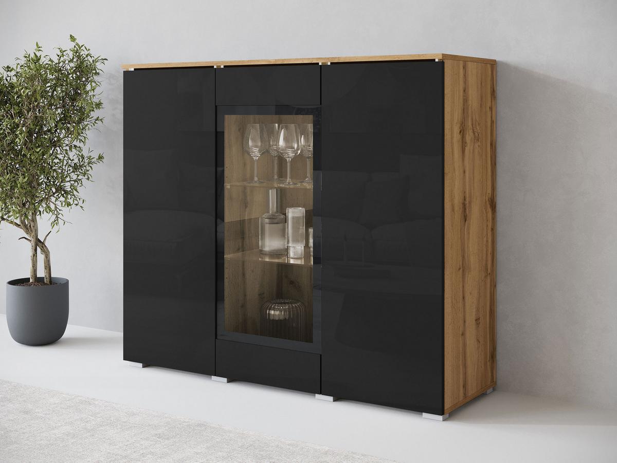 KOMMODE Vera 120 - Schwarz Hochglanz/Eiche Wotan, Holzwerkstoff/Kunststoff (120/104/40cm) - MIRJAN24