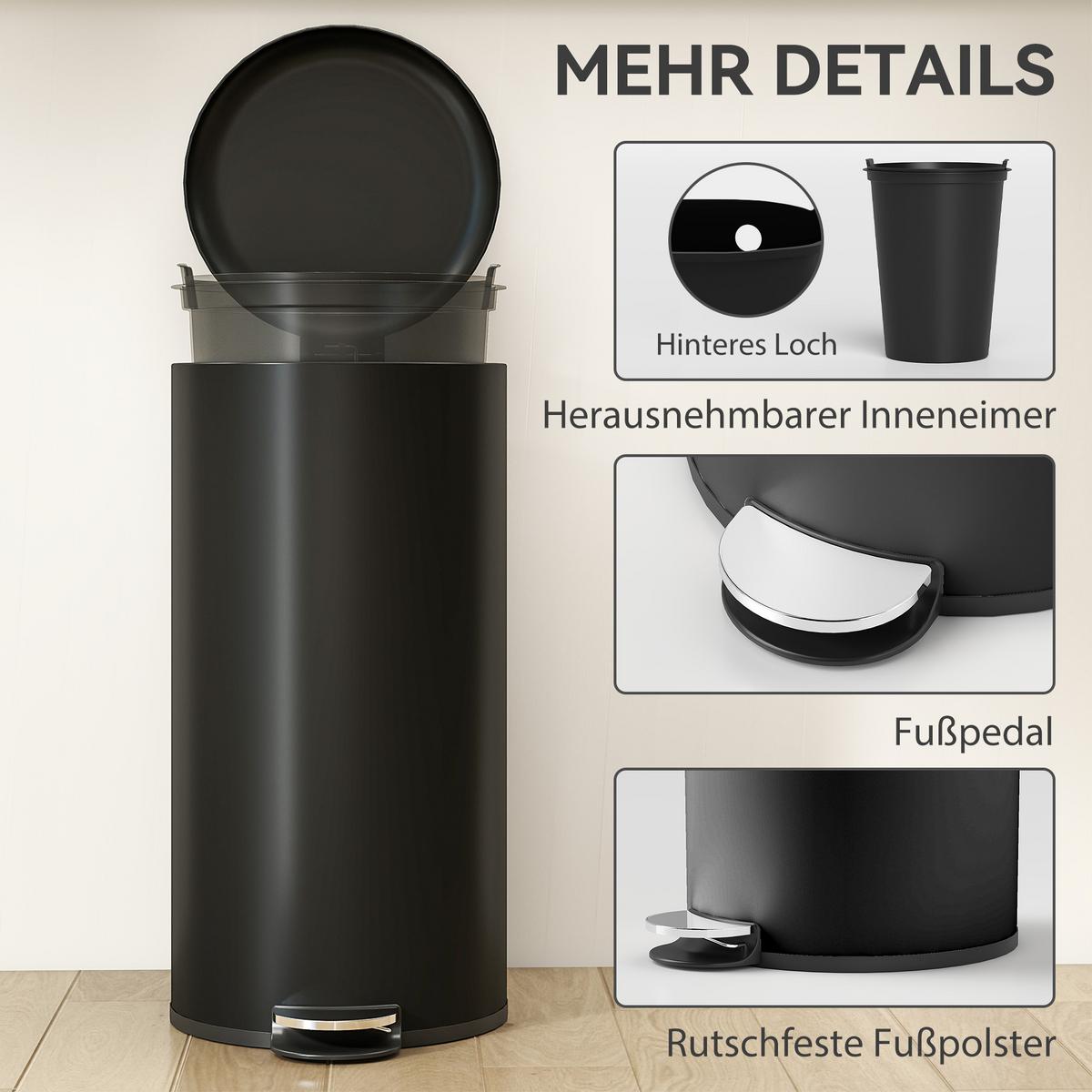 MÜLLEIMER aus Metall Kunststoff Schwarz - Schwarz, Metall (30/63.5/36cm) - HOMCOM