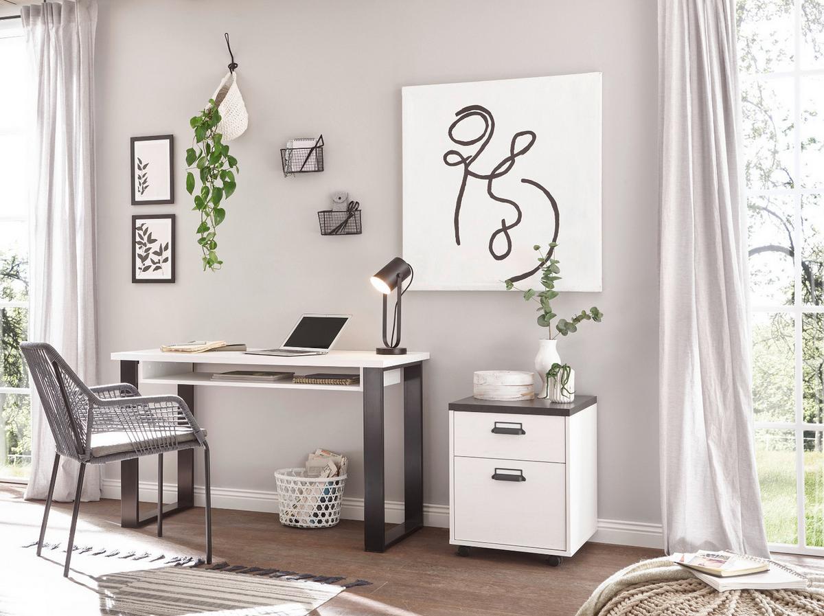 BÜROMÖBEL-SET weiß Pinie, anthrazit Landhaus, Kombination mit Rollcontainer - Anthrazit/Weiß, Holz/Metall (60/165/76cm) - Furn.Design