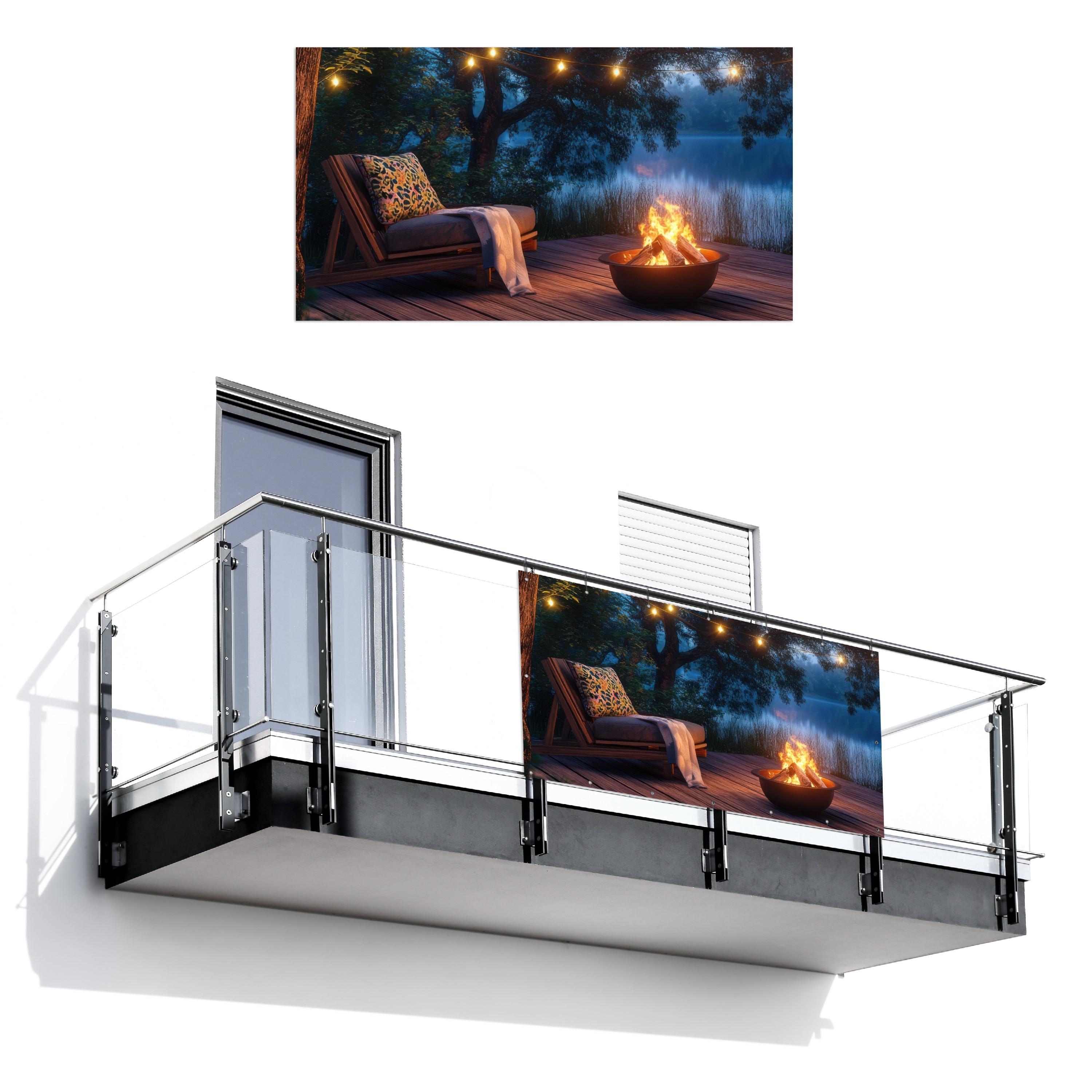 BALKON-SICHTSCHUTZ Lagerfeuer - See - Abendlicht Witterungsbeständig 200x110 cm - Dunkelblau, Kunststoff (200/110cm) - MuchoWow