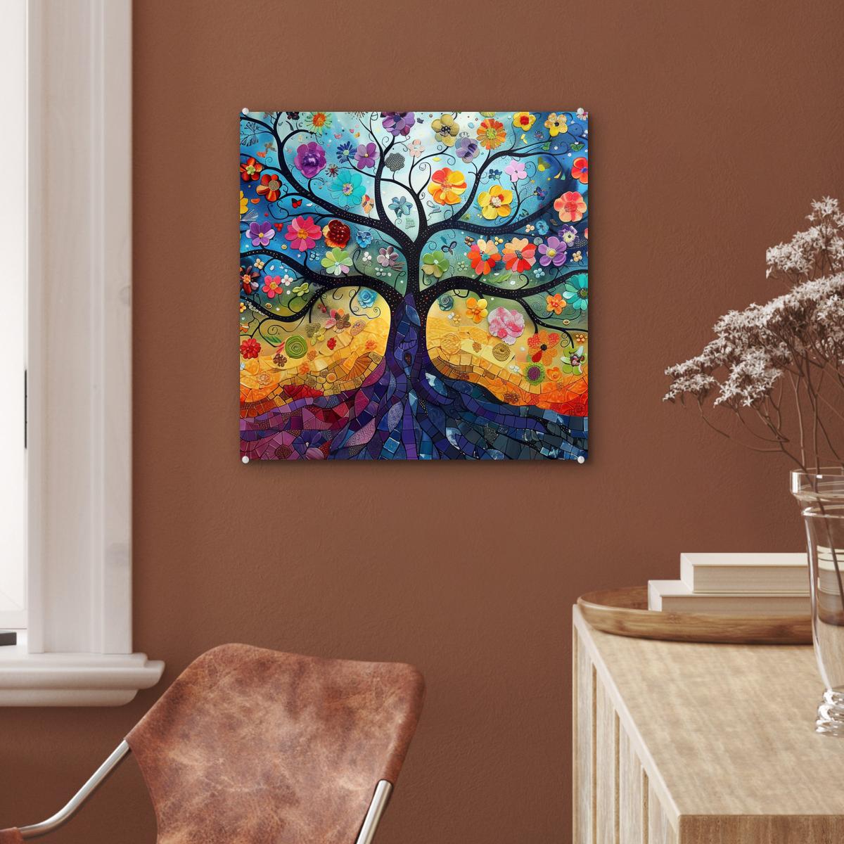 ACRYLGLASBILD Kunst - Baum des Lebens - Blumen - Hippie 50x50 cm - Dunkelblau, Glas (50/50cm) - MuchoWow