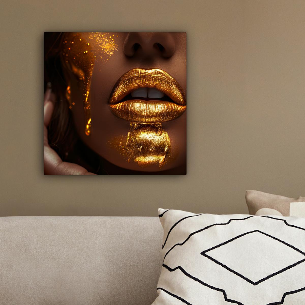 LEINWANDBILD Frau - Gold - Luxus - Porträt Deko Wohnzimmer 20x20 cm - Goldfarben, Textil (20/20cm) - MuchoWow