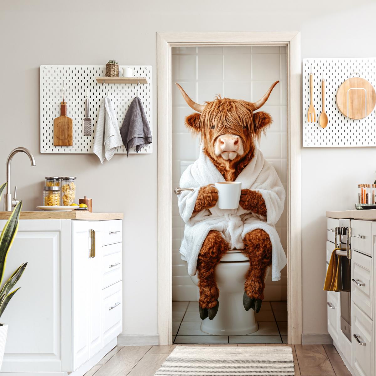 TÜRAUFKLEBER Schottischer Highlander - WC - Bademantel - Modern - Tiere Wanddeko 90x205 cm - Türtapete - Kastanienfarben, Kunststoff (90/0.1/205cm) - MuchoWow