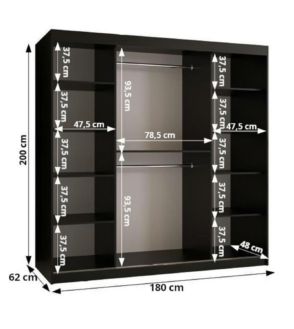 SCHWEBETÜRENSCHRANK 200/180/62 2-türig - Schwarz, Holz/Kunststoff (180/200/62cm) - Abiks Möbel