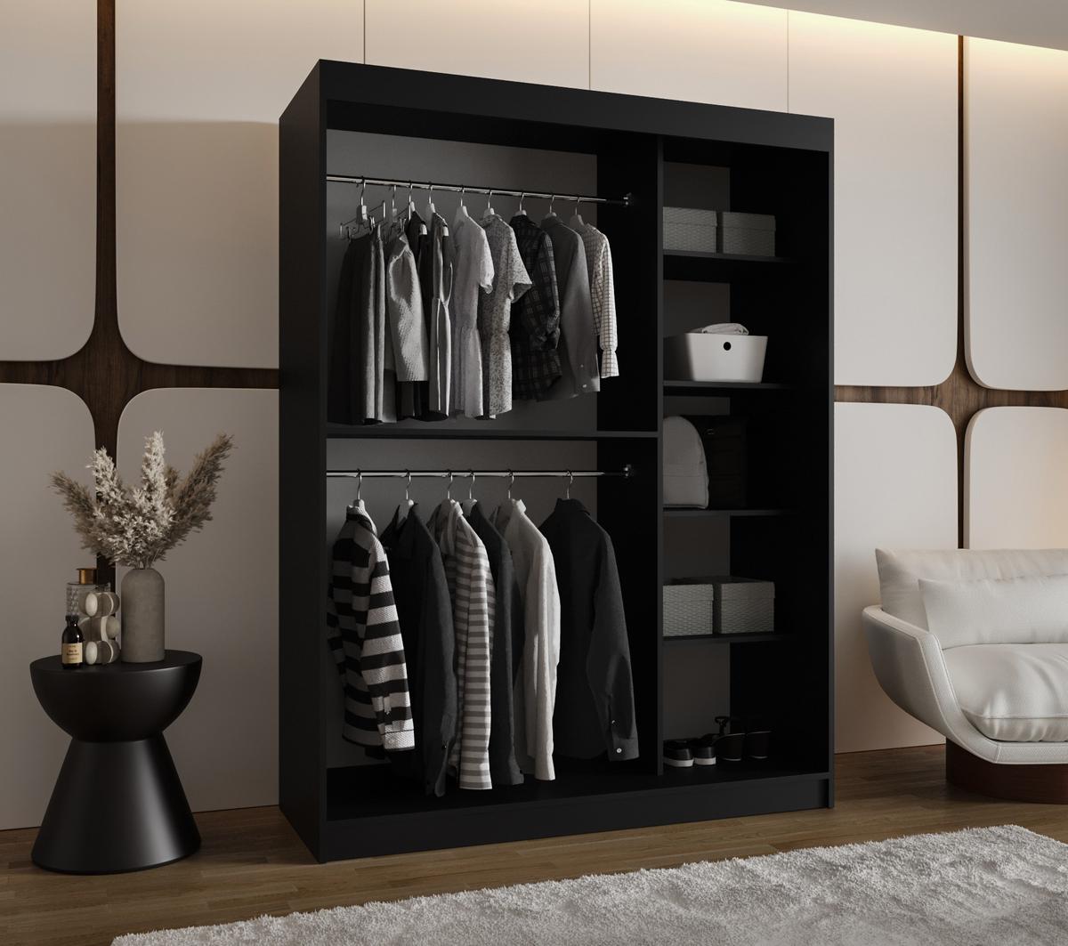 SCHIEBETÜRENSCHRANK mit Spiegel LUCY 200/150/62 2-türig - Silberfarben/Schwarz, Holz (150/200/62cm) - MÖBEL KRYSPOL