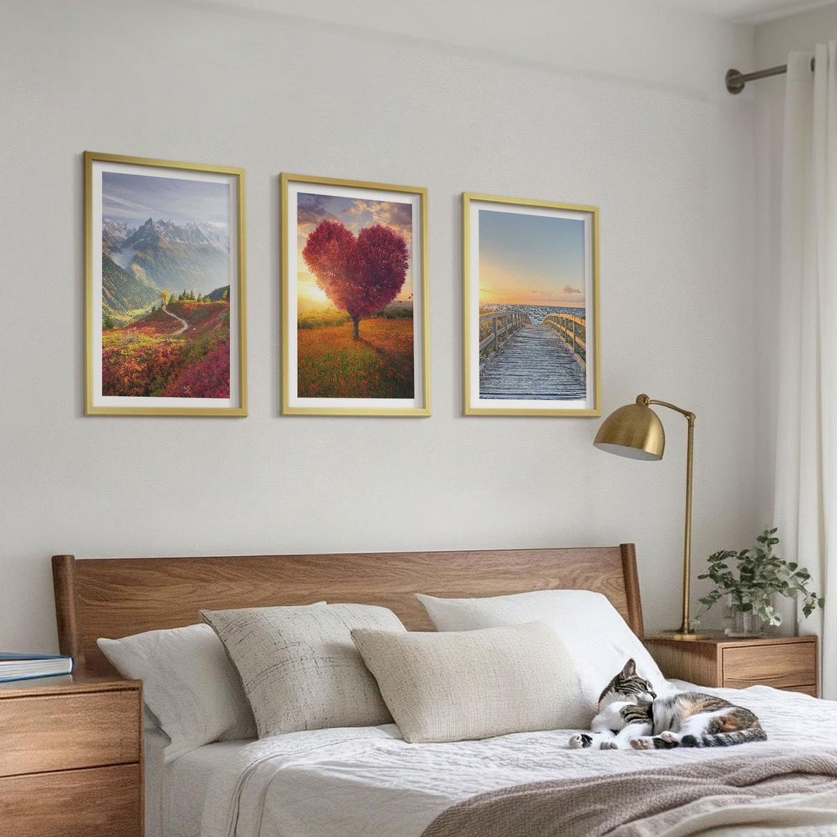 BILDER SET 3er Set - 40x60 cm Goldrahmen - Landschaften Berge Baum Herz Pier - Goldfarben, Kunststoff (40/60cm) - TULUP