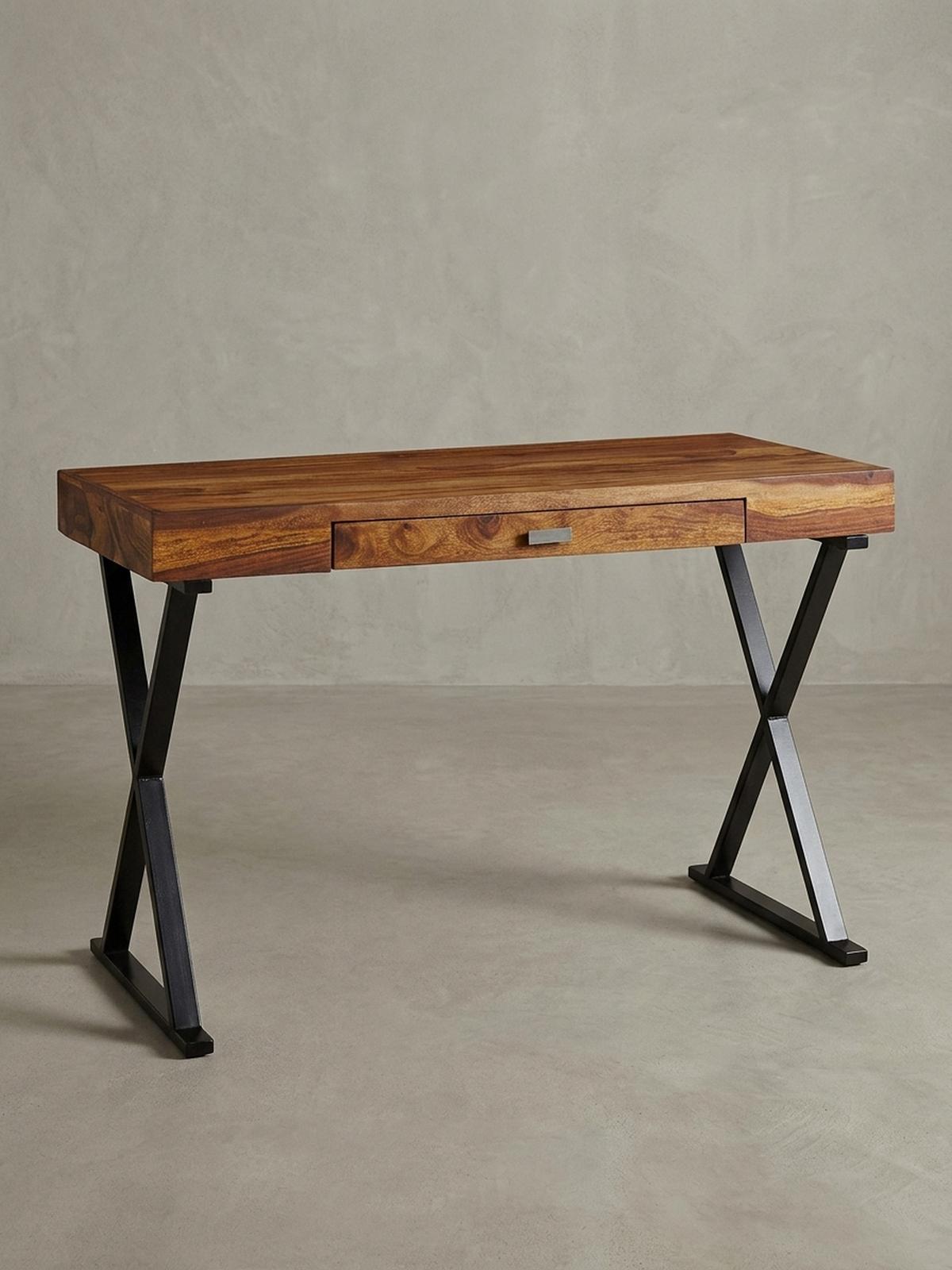 SCHREIBTISCH Massivholz X-Gestell Schublade, Schwarz 120x55x78 cm - Schwarz, Holz/Metall (55/120/78cm) - KADIMA DESIGN