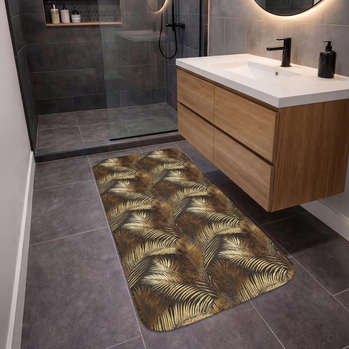 BADEMATTE Tropisch - Blätter - Gold 60x120 cm - Dunkelbraun/Goldfarben, Textil (60/120cm) - OnlyWow