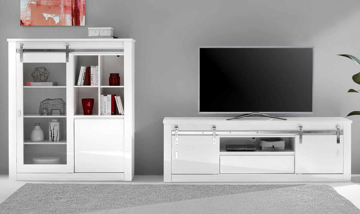 WOHNWAND weiß Hochglanz 2-teilig, Wohnkombination inklusive LED-Beleuchtung - Chromfarben/Weiß Hochglanz, Glas/Holzwerkstoff (349/153/43cm) - Furn.Design