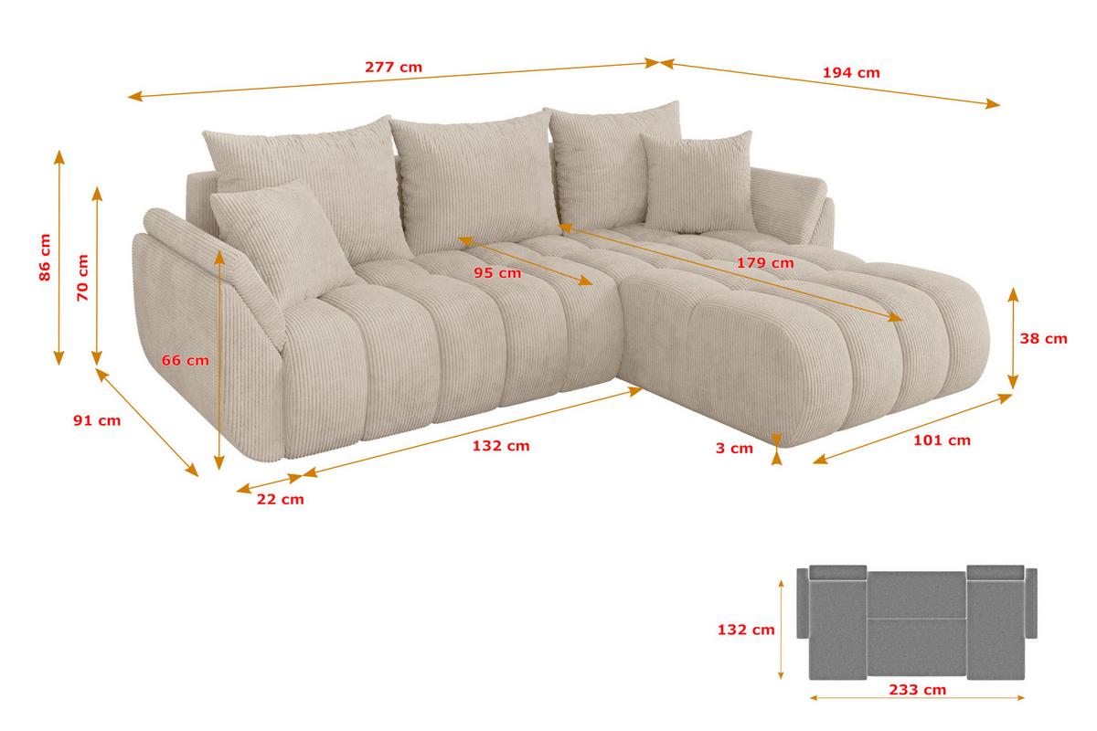 ECKSOFA mit Schlaffunktion Ottomane Rechts TOKO-L-v1 277x194x86 Beige Cord - Beige/Schwarz, Holzwerkstoff/Kunststoff (277/194cm) - ALTDECOR