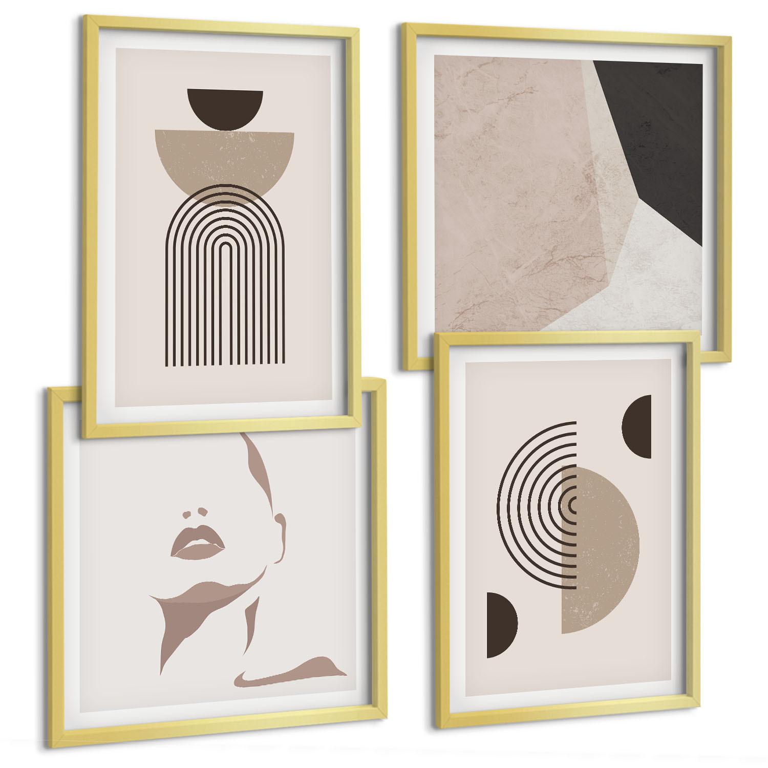 BILDER SET 4er Set - 50x50 cm & 40x60 cm Goldrahmen - Abstrakte Gesichtsformen - Goldfarben, Kunststoff (50/50cm) - TULUP