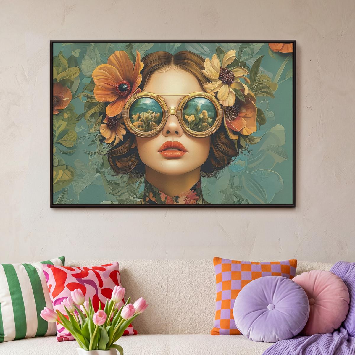 LEINWAND Bilder mit Rahmen - Frau - Blumen - Schmetterlinge - Natur - Vintage - 90x60 - Salbeigrün, Textil (90/60cm) - MuchoWow