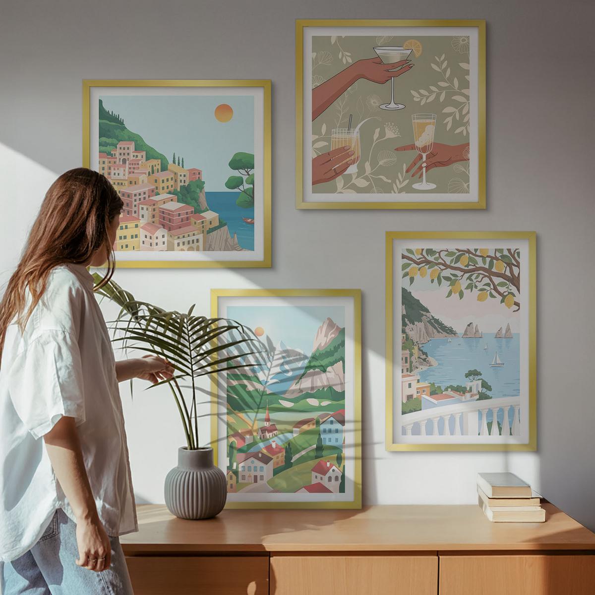 BILDER SET 4er Set - 50x50 cm & 40x60 cm Goldrahmen - Pastellfarbene Küstenhäuser - Goldfarben, Kunststoff (50/50cm) - TULUP