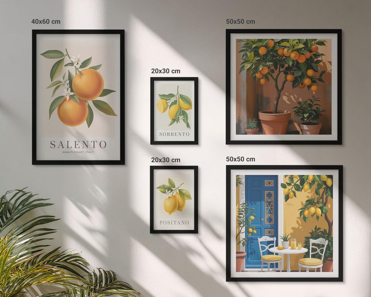 BILDER SET 5er Set - 50x50 cm & 20x30 cm & 40x60 cm Schwarzer Rahmen - Zitronenorange Blütenmuster - Schwarz, Kunststoff (40/60cm) - TULUP
