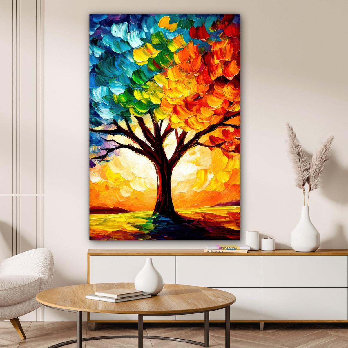 LEINWANDBILD Baum - Kunst - Natur - Sonnenuntergang Deko Groß 90x140 cm - Multicolor, Textil (90/140cm) - MuchoWow