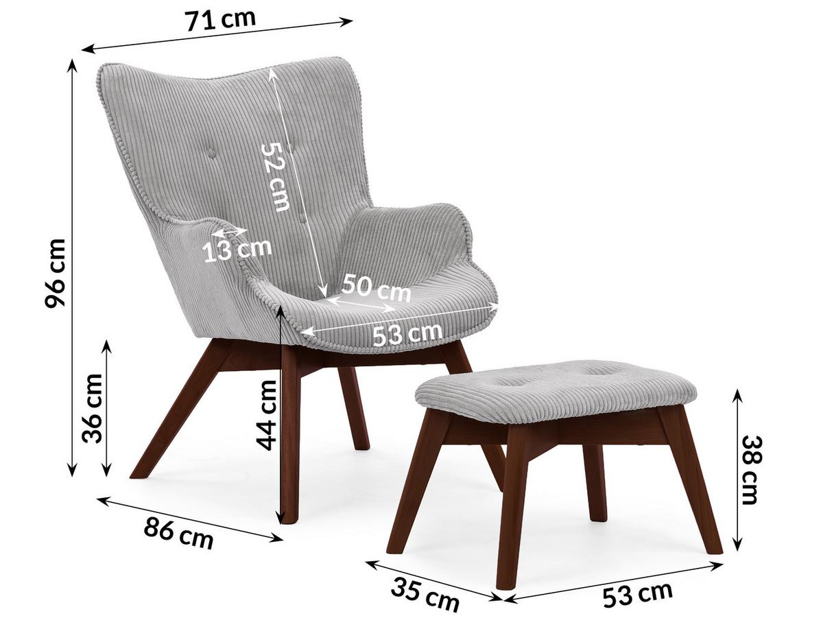LOUNGESESSEL mit Fußhocker Lenari Hellgrau Cordstoff mit Füßen in Braun - Hellgrau/Braun, Holz/Textil (71/96/86cm) - S-Style Möbel