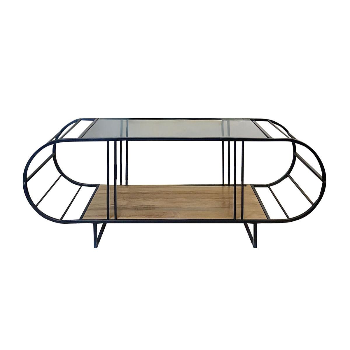 COUCHTISCH mit glasplatte, metall und atlantik-kiefer-optik 50/145/47 cm - Schwarz/Kieferfarben, Holzwerkstoff (13/50/47cm) - Calicosy