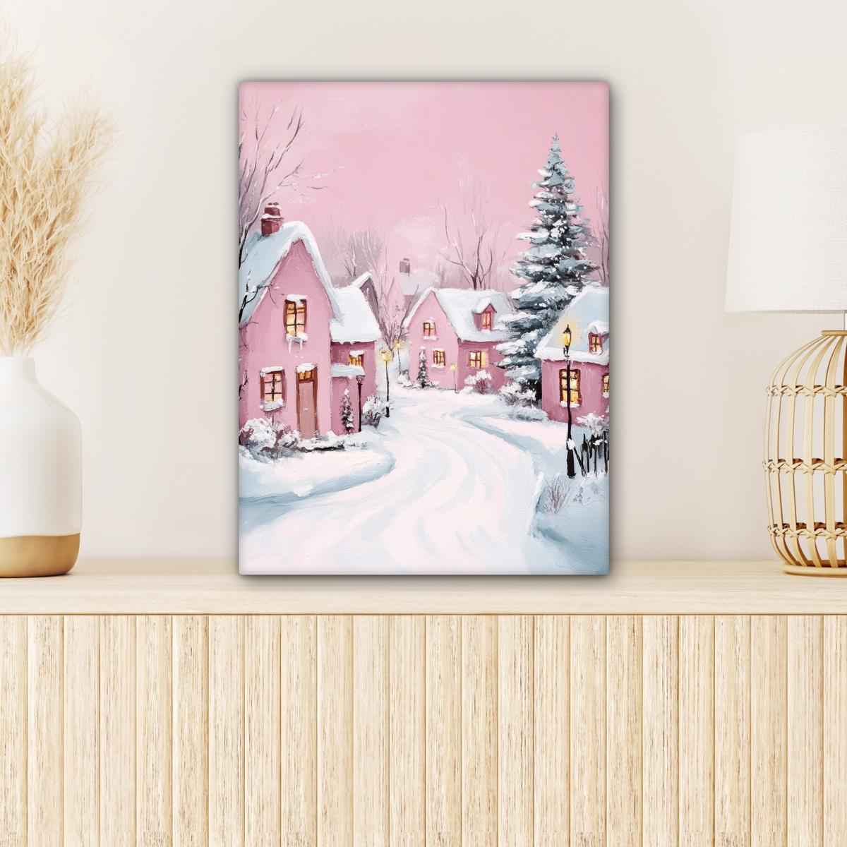 LEINWANDBILD Weihnachtsdorf - Rosa - Winter - Schnee - Häuser Room Decor 30x40 cm - Altrosa, Textil (30/40cm) - MuchoWow