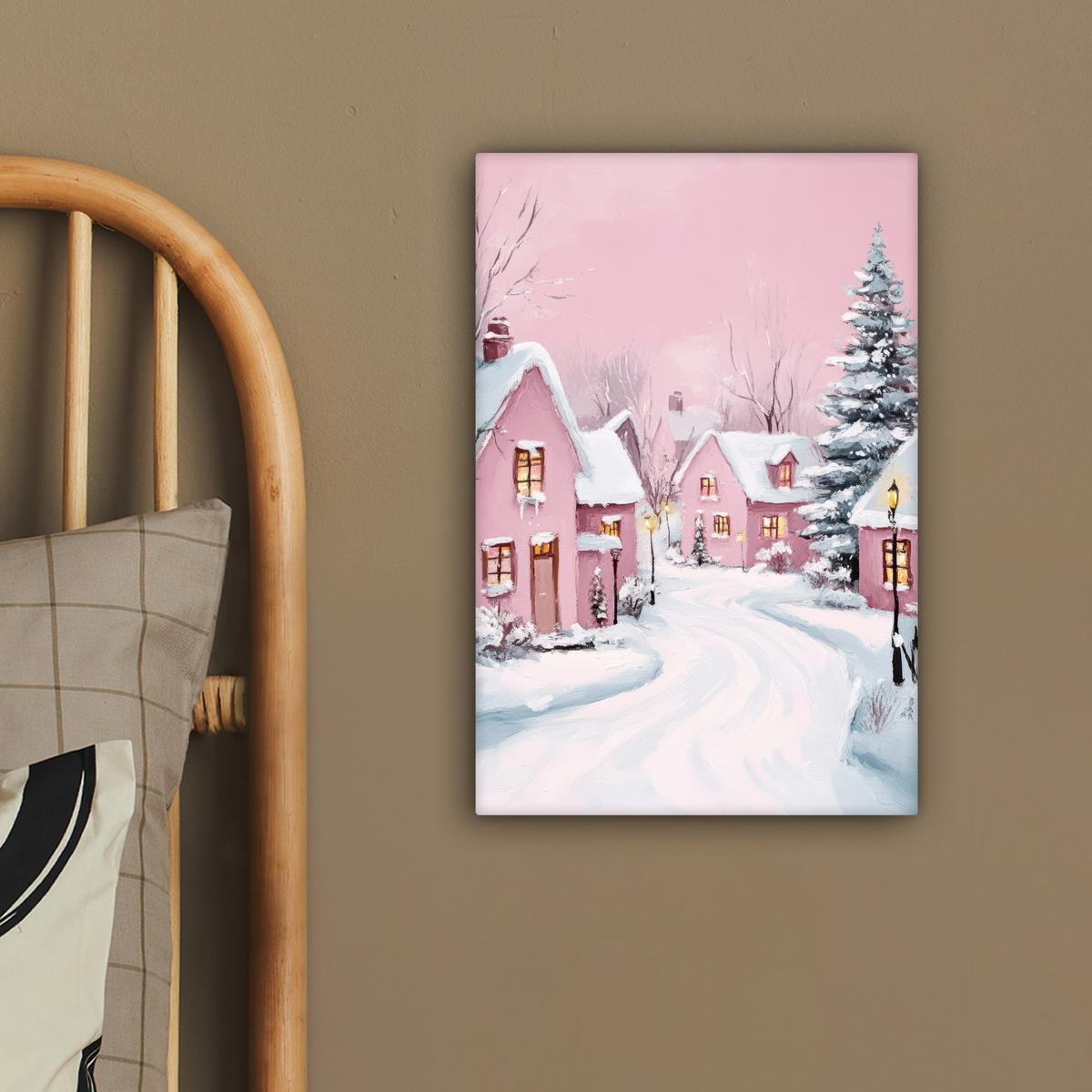 LEINWANDBILD Weihnachtsdorf - Rosa - Winter - Schnee - Häuser Deko Wohnzimmer 20x30 cm - Altrosa, Textil (20/30cm) - MuchoWow