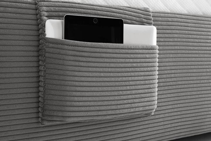 Bett grau Cord inkl. Betttasche gepolstertes Kopfteil