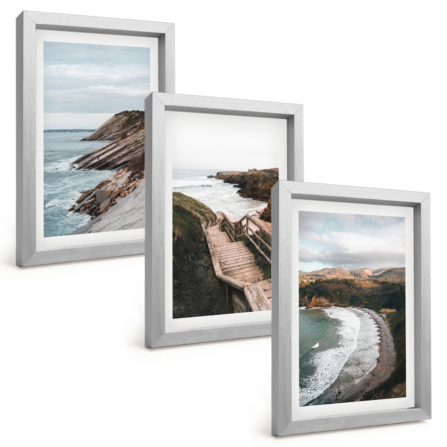BILDER SET 3er Set - 20x30 cm Silberner Rahmen - Klippenblicke, Strandlandschaften - Silberfarben, Kunststoff (20/30cm) - TULUP
