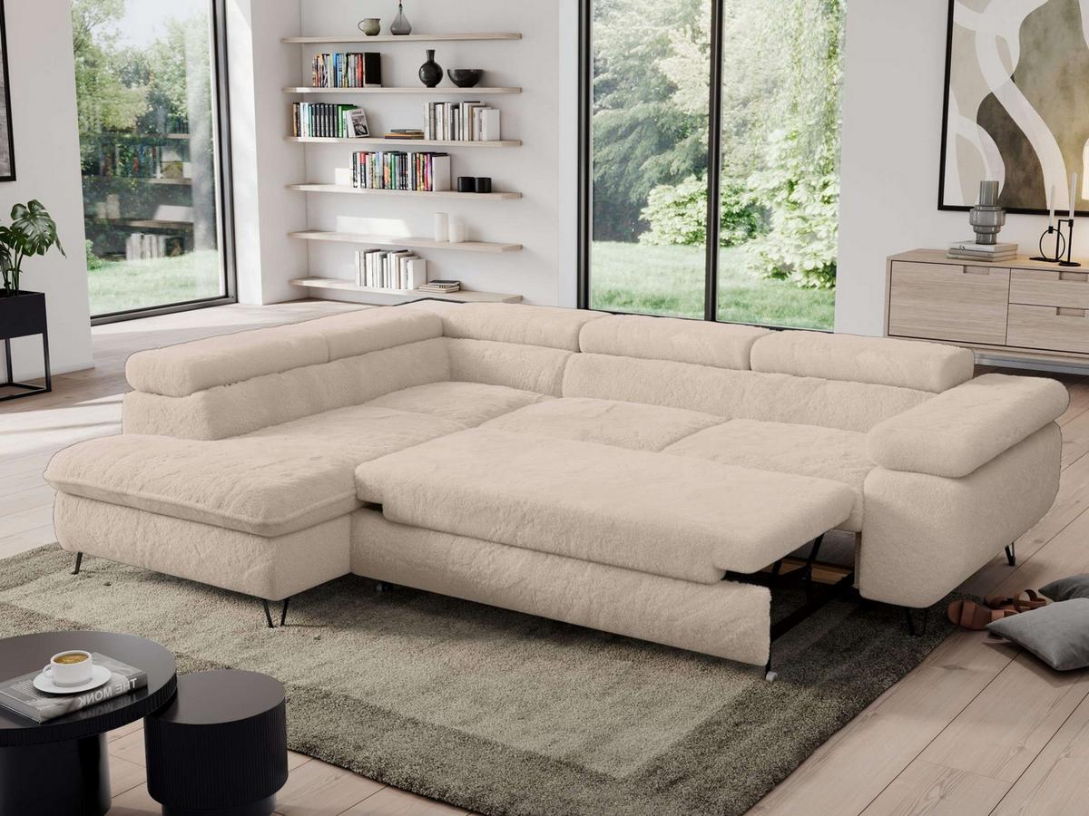 ECKSOFA PEDRO L Ecru Plüsch - Links Seite - Ecru/Schwarz, Textil/Metall (208/273cm) - MKS