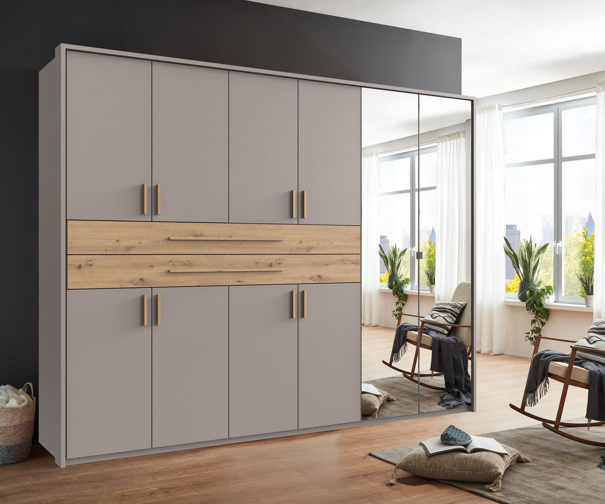 DREHTÜRENSCHRANK B273/H210/T58 cm Sandgrau, Kleiderschrank mit Passepartout, 2 Spiegel, 2 großen Schubkästen & Griffen in Eiche Artisan Dekor / 22650 - Sandfarben/Eiche Artisan, Holzwerkstoff/Kunststoff (273/210/58cm) - luma-home