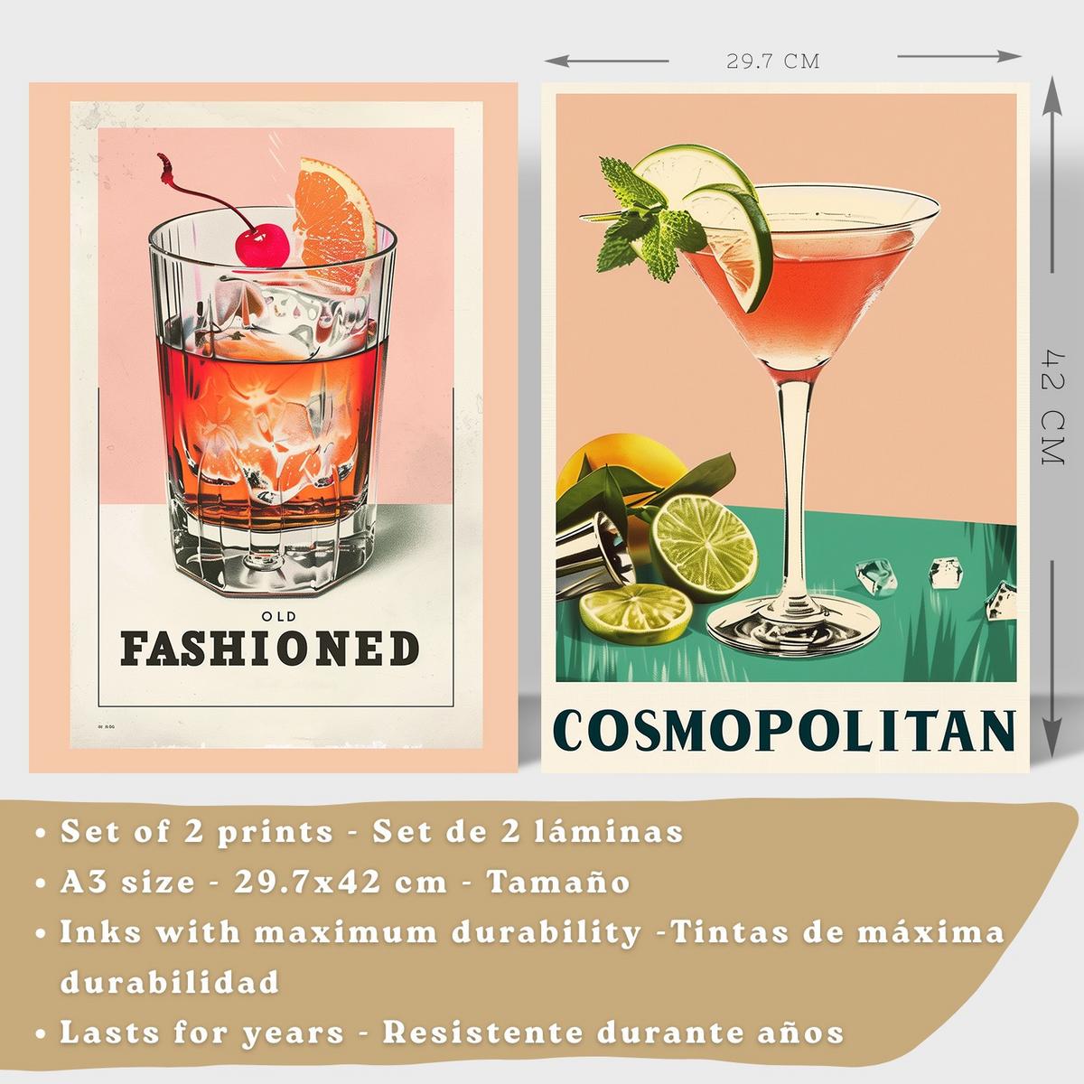 POSTER 2er Set Cocktail-Wandbilder Old Fashioned und Cosmopolitan Vintage Küche Bar Wanddeko Leichter Holzrahmen A3 - Beige, Papier (29.7/1/42cm) - Nacnic