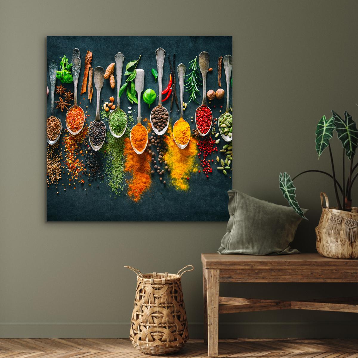 METALLBILD Kräuter - Gewürze - Löffel 90x90 cm - Currygelb, Metall (90/90cm) - MuchoWow