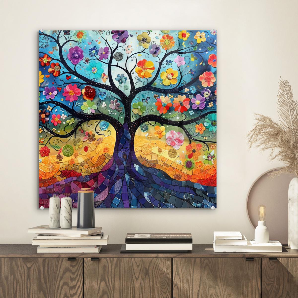ACRYLGLASBILD Kunst - Baum des Lebens - Blumen - Hippie 50x50 cm - Dunkelblau, Glas (50/50cm) - MuchoWow
