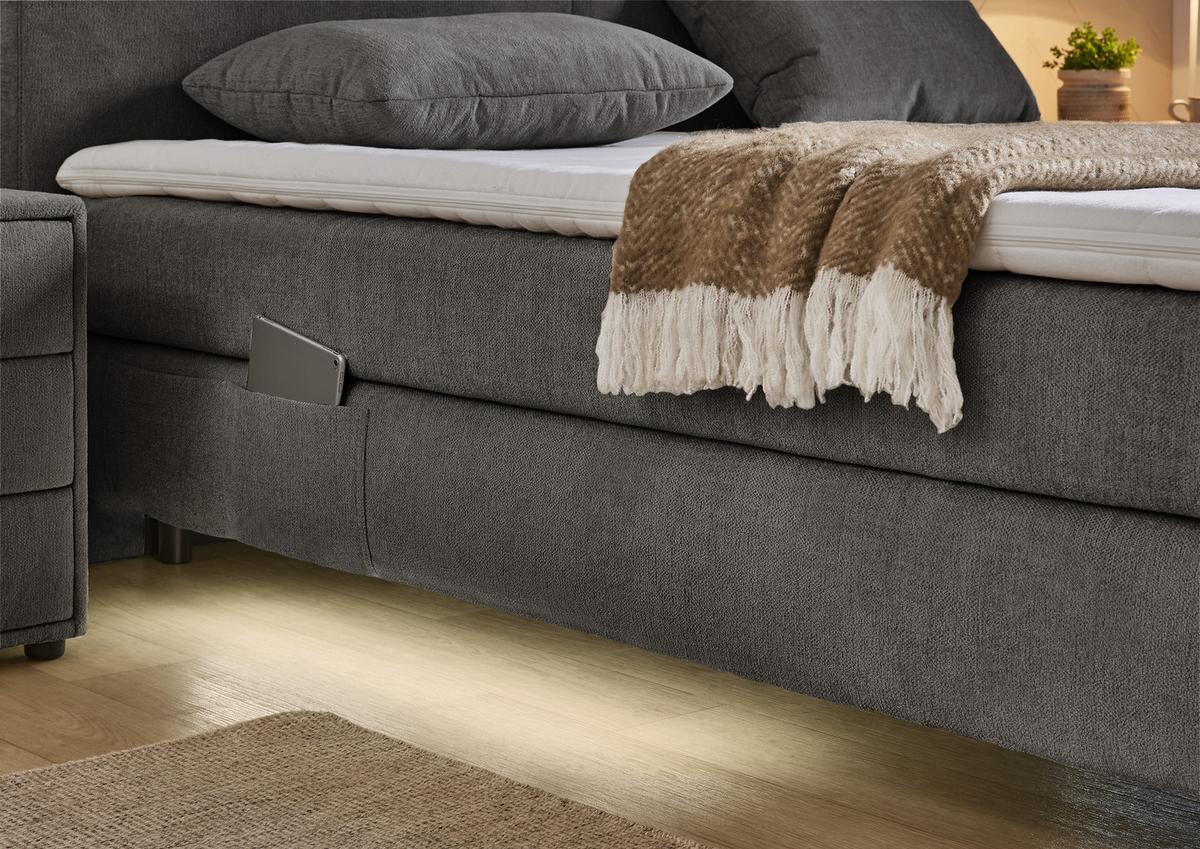 BOXSPRINGBETT 160x200 cm, 7-Zonen-Tonnentaschen-Federkernmatratzen H3, Topper, Bonell-Federkern, Beleuchtung,USB-Ladeports, Chenille Dunkelgrau /20042 - Dunkelgrau/Schwarz, Textil/Metall (160/200cm) - luma-home