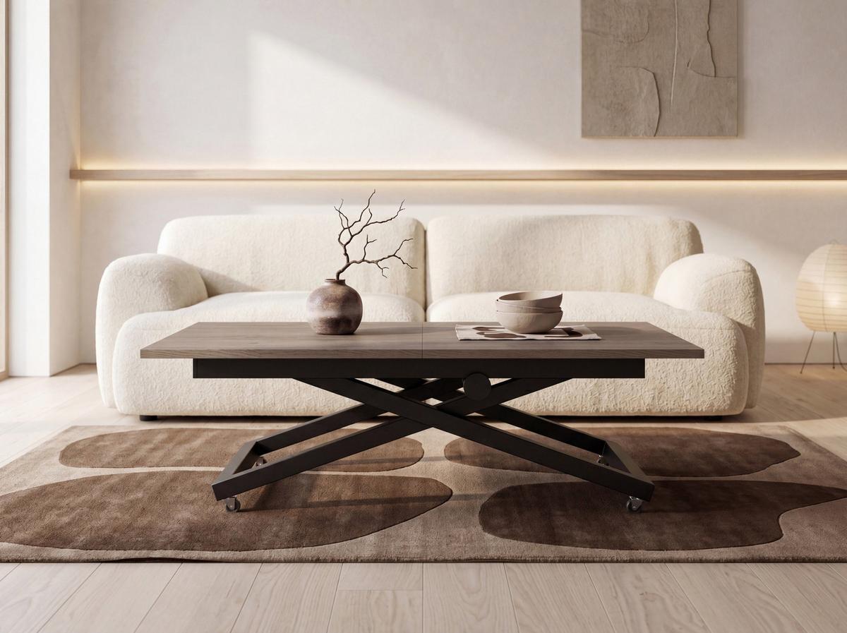 COUCHTISCH Axen höhenverstellbar ausziehbar, Eiche Braun 120-160/80/38-75 cm - Greige/Schwarz, Holzwerkstoff/Metall (80/160/75cm) - WFL GROUP