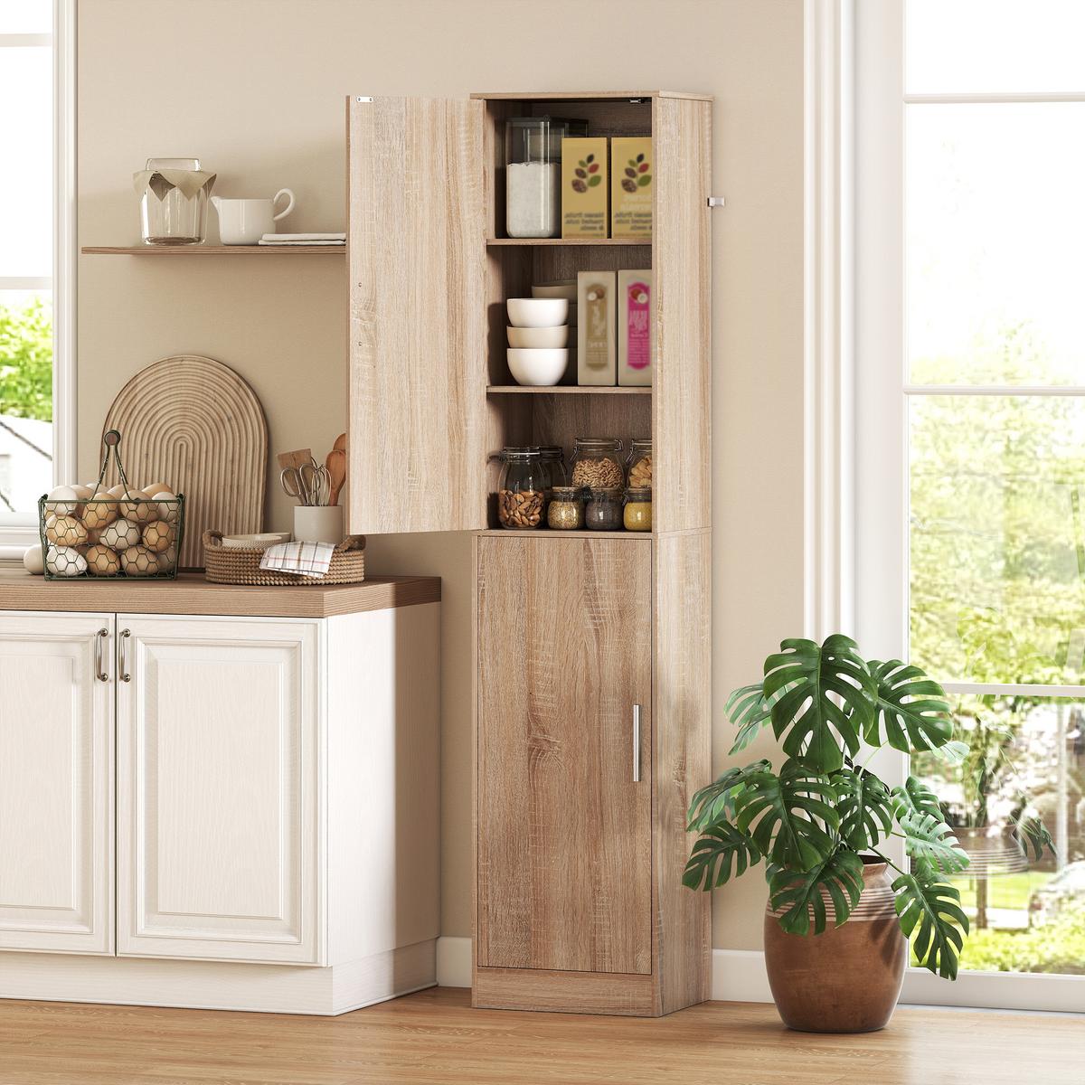 BADEZIMMERSCHRANK Badschrank Hochschrank schmal mit 2 Türen Verstellbare Regale - Silberfarben/Naturfarben, Holzwerkstoff/Metall (35/180/40cm) - HOMCOM