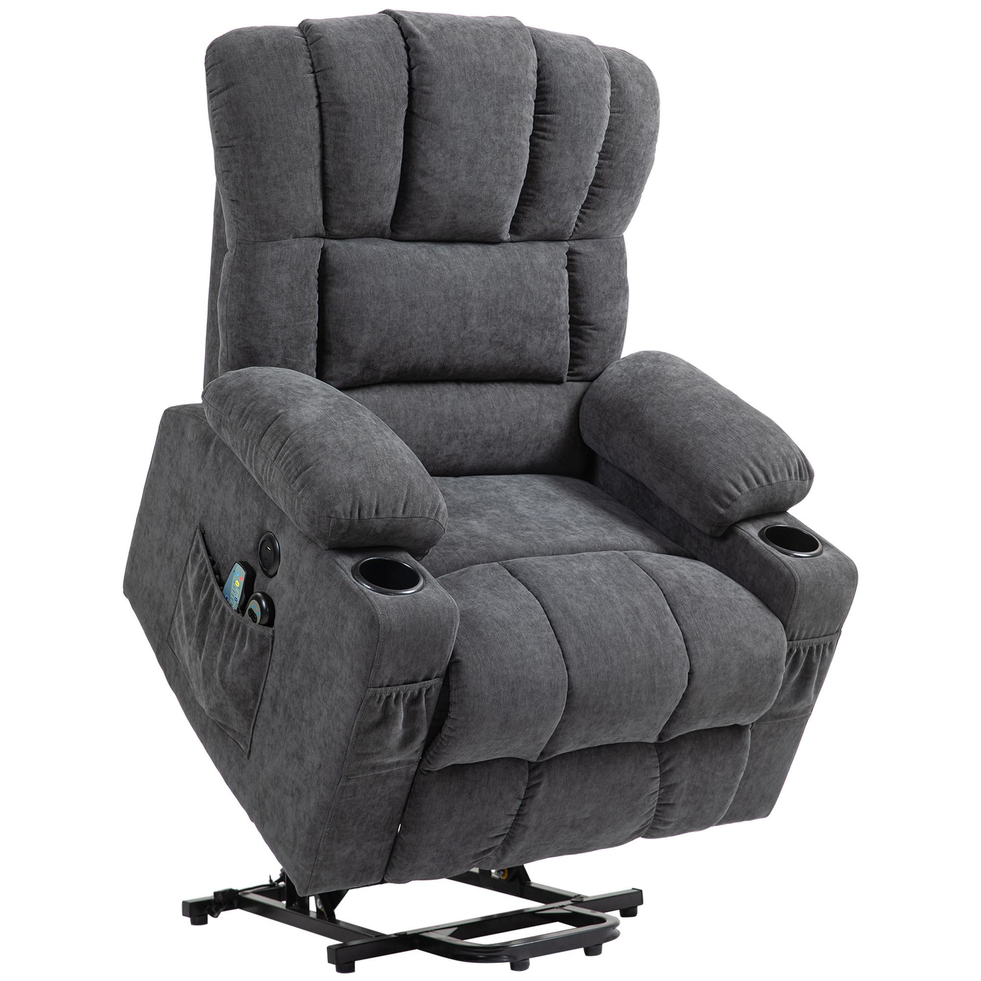 FERNSEHSESSEL mit Aufstehhilfe Relaxsessel mit Liege-, Heiz- und Massagefunktion - Dunkelgrau/Schwarz, Textil/Metall (91/110/93cm) - HOMCOM
