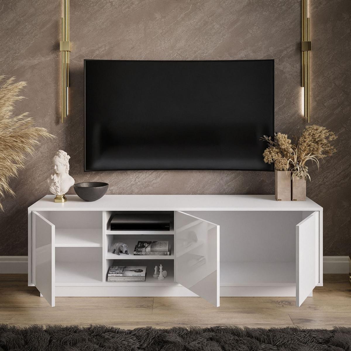 TV-ELEMENT SANAYI auf Sockel mit Regalen Hochglanz Weiß - Weiß Hochglanz/Weiß, Holzwerkstoff (156/47/38cm) - Lookway