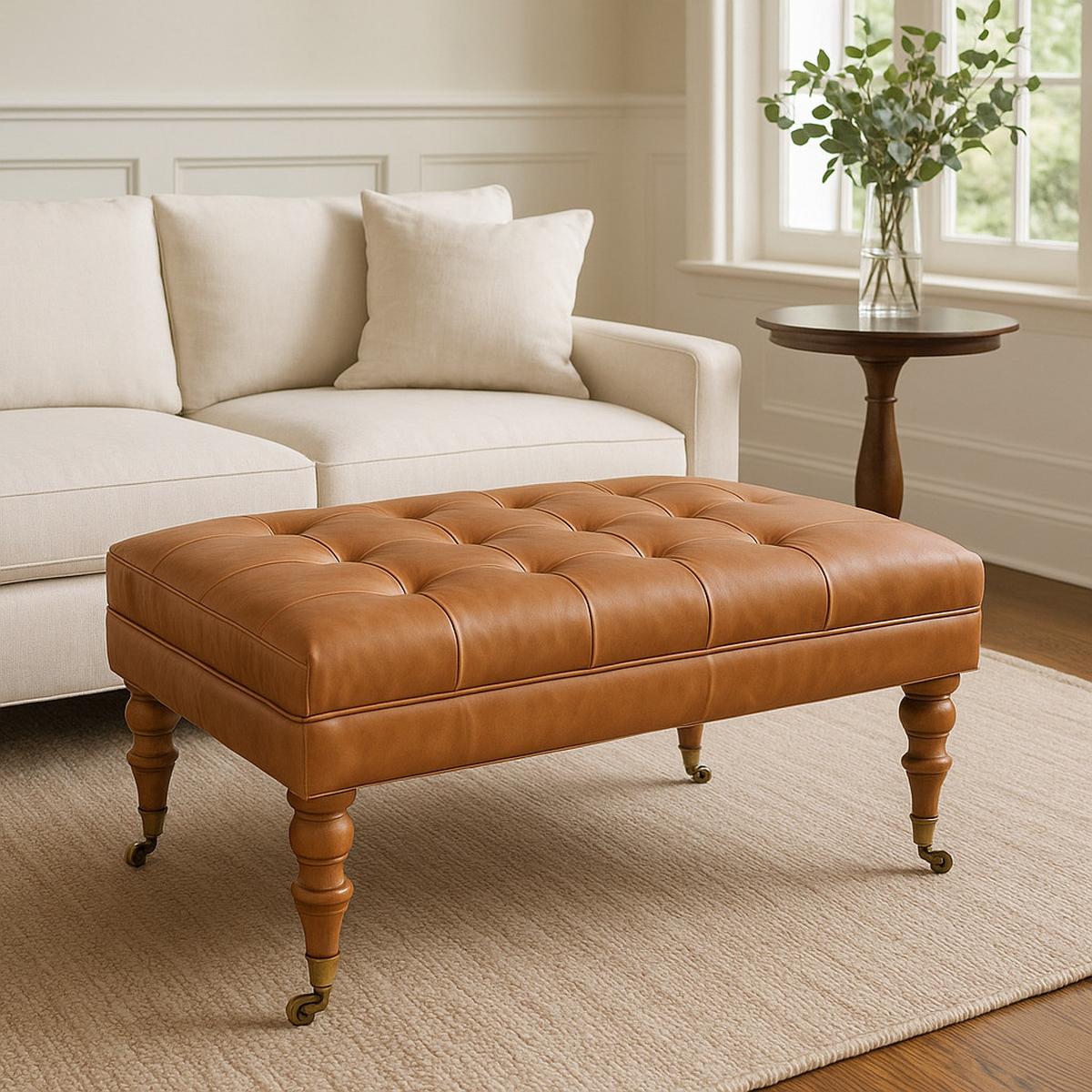 OTTOMANE Buffalo Tan Leder, helles Walnuss-Finish, Braun - Hellbraun/Braun, Leder/Holz (60/45/90cm) - Artisan Furniture