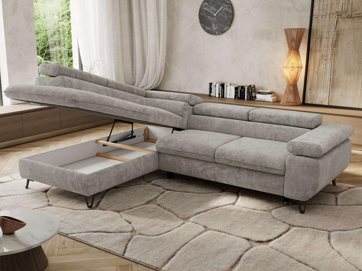 ECKSOFA PABLO L Hellgrau Schenille grob gewebt - Links Seite mit T25 Topper - Hellgrau/Schwarz, Textil/Metall (208/273cm) - MKS