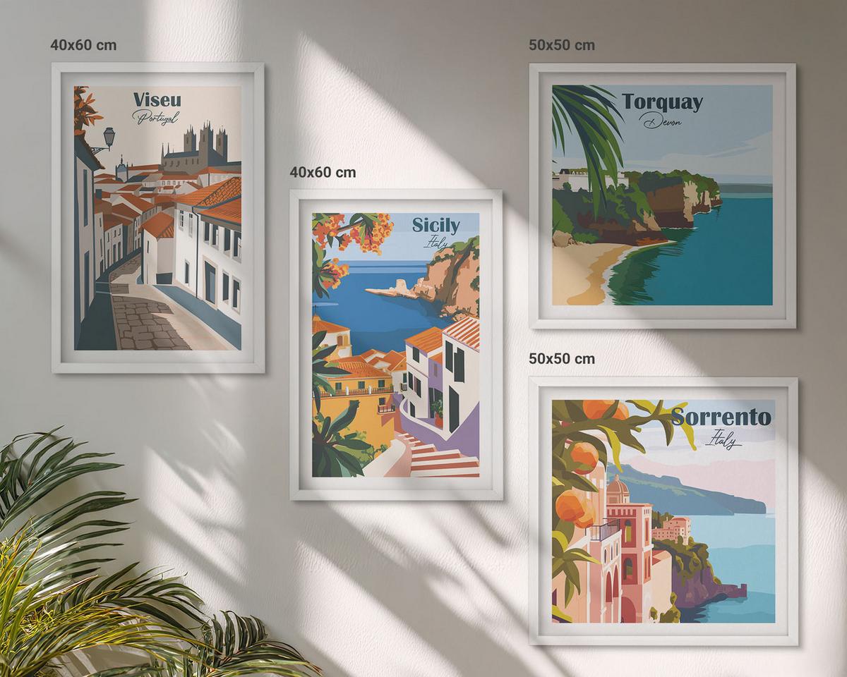 BILDER SET 4er Set - 50x50 cm & 40x60 cm Weißer Rahmen - Retro-Illustrationen von Weltstädten - Weiß, Kunststoff (50/50cm) - TULUP