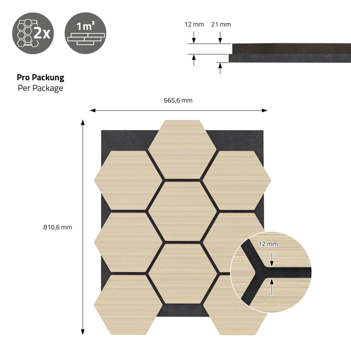 AKUSTIKPANEEL 2er Set Schallschutzplatten Hexagon Eiche Holzoptik 66x81x2 cm aus Filz - Hellbraun, Holzwerkstoff (2.1/81.1/66.6cm) - ML-DESIGN