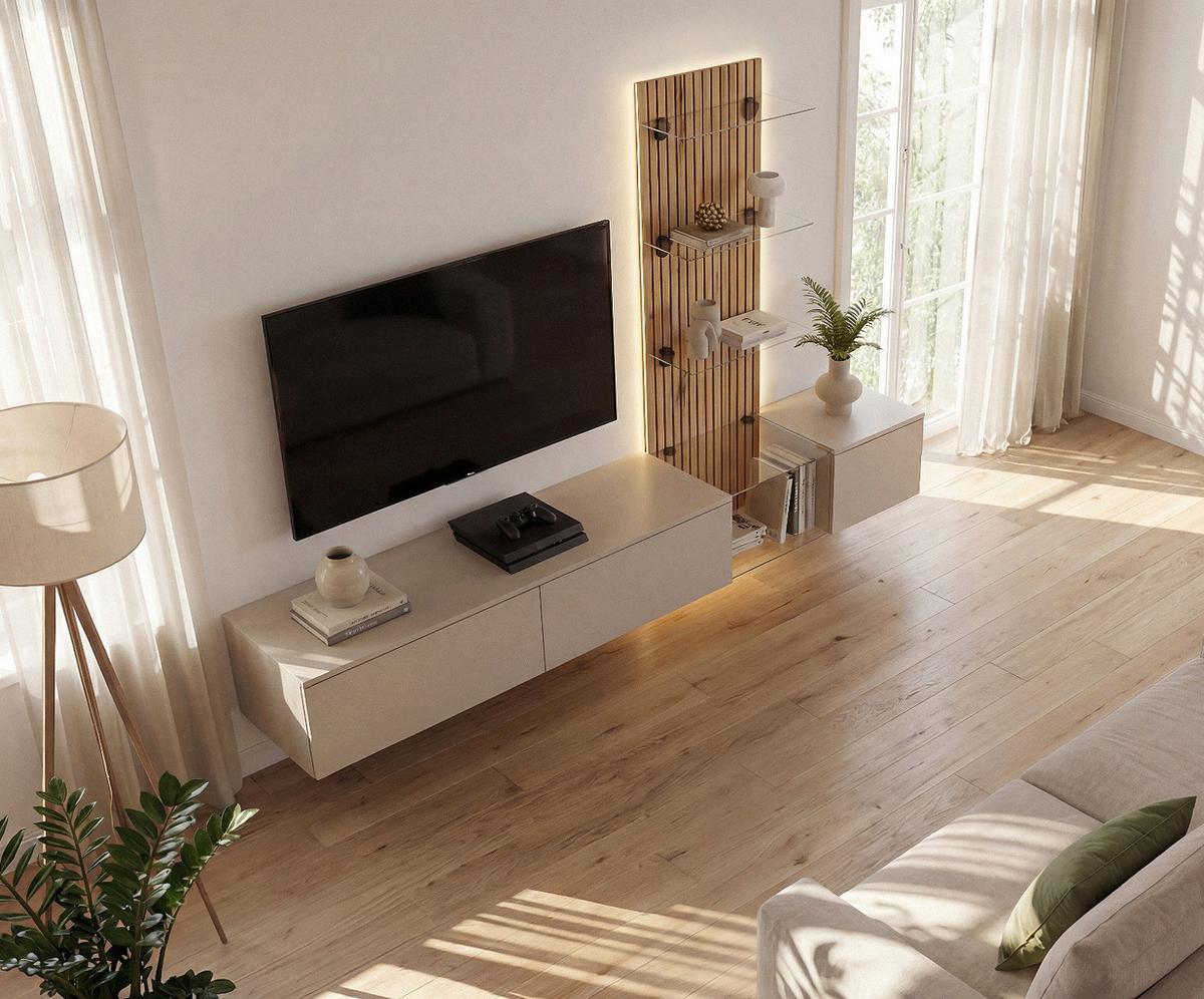 WOHNWAND Grau Lehm, Evoke Eiche 220 cm hängend, Schrankwand mit LED und Push-to-Open - Eichefarben/Hellgrau, Glas/Holzwerkstoff (220/150/40cm) - Inn.Furn