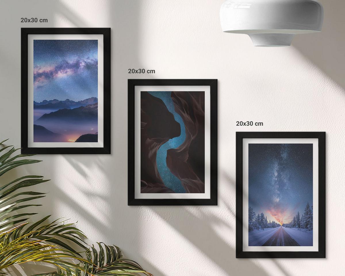 BILDER SET 3er Set - 20x30 cm Schwarzer Rahmen - Nachthimmel, Berge, Winterlandschaft - Schwarz, Kunststoff (20/30cm) - TULUP